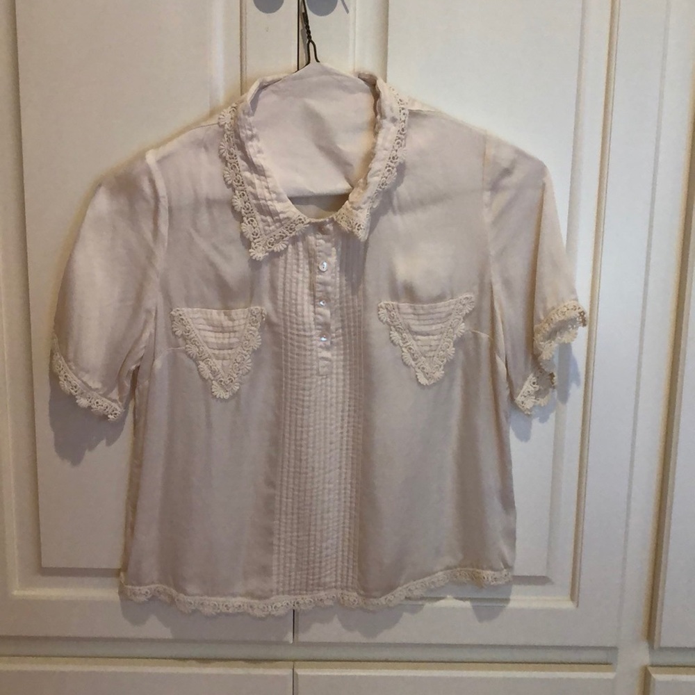 Silky button up blouse w lace